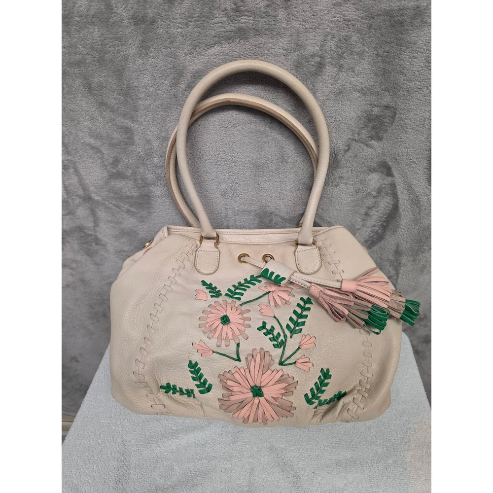 Isabella Fiore Shoulder Bag Ivory Leather Floral Applique Tassel Whipstitch Pink